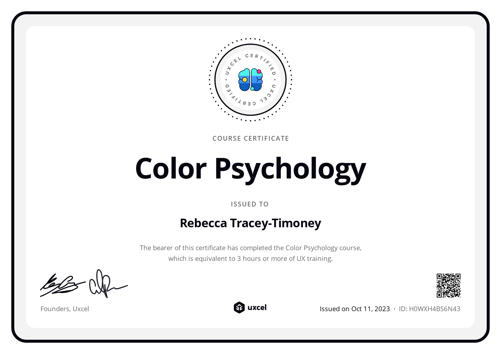 Rebecca Tracey-Timoney's certificate